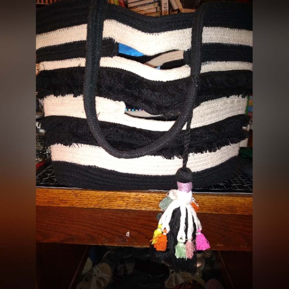 Stella & Dot Black and White Tote with Colorful Tassel